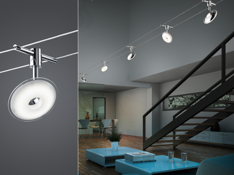 Lampen Seilsystem 5 LED Deckenstrahler Spots Rund Chrom 5 Meter Deckenleuchten